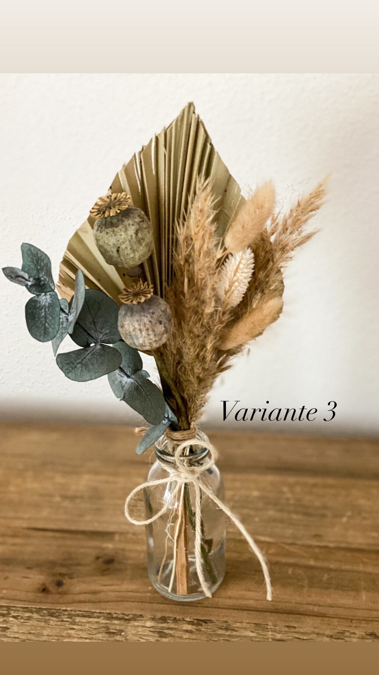 Trockenblumenstrauß 3er Set oder einzeln, mit Eukalyptus, Palmblatt, Mohn, Lagurus, Pampasgras, auch als Tortentopper