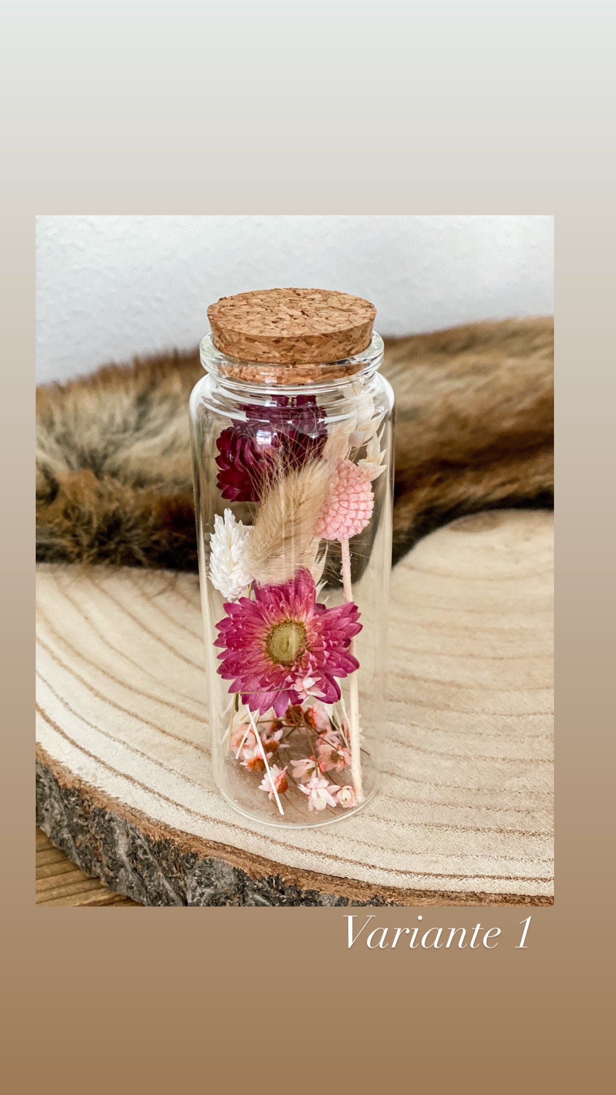 Trockenblumen im Glas, Trockenblumensträußchen im Glas 12,5 cm hoch