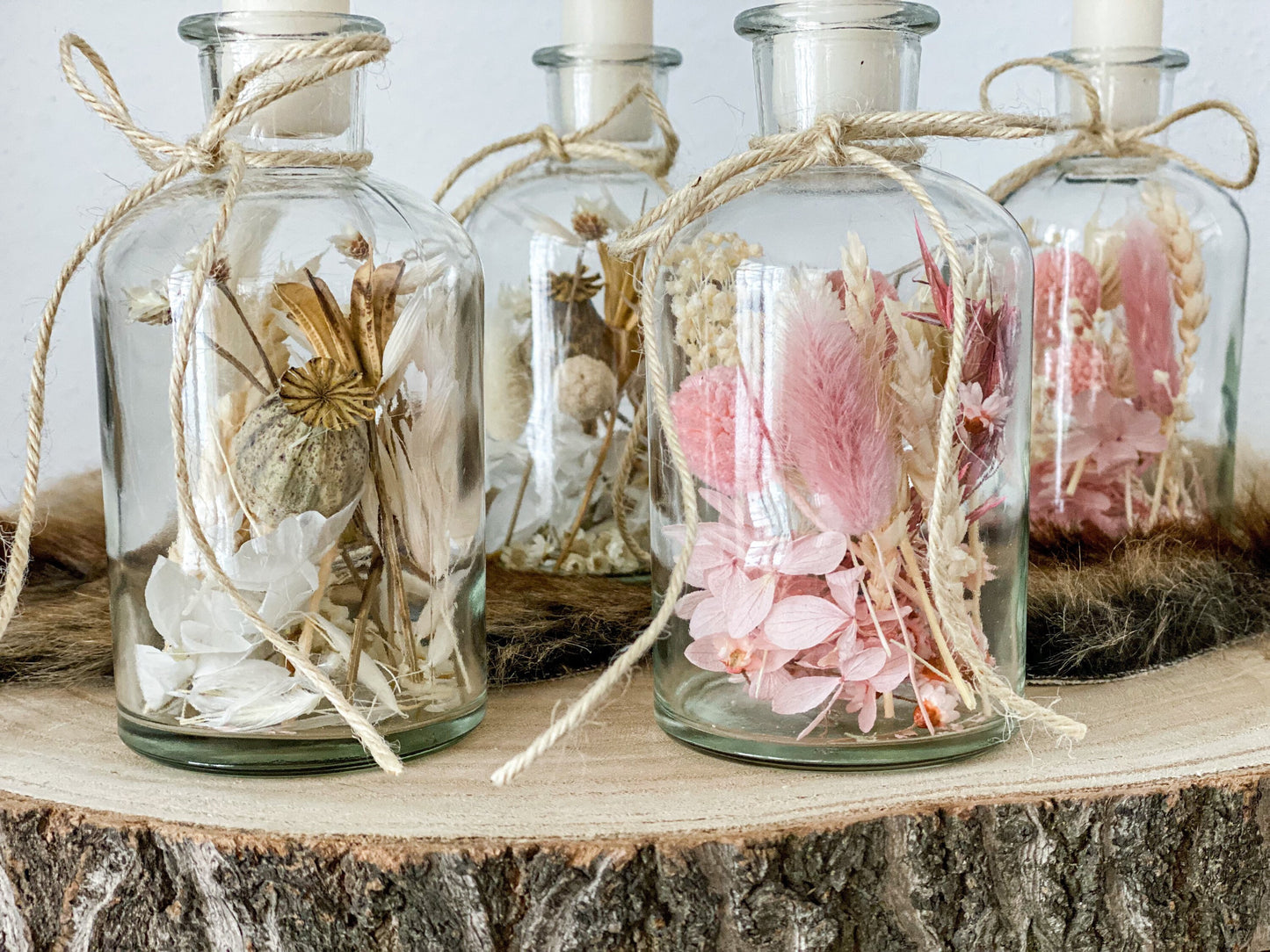 Trockenblumen im Glas, Trockenblumenstrauß im Glas, auch als Kerzenständer, Blumenglas