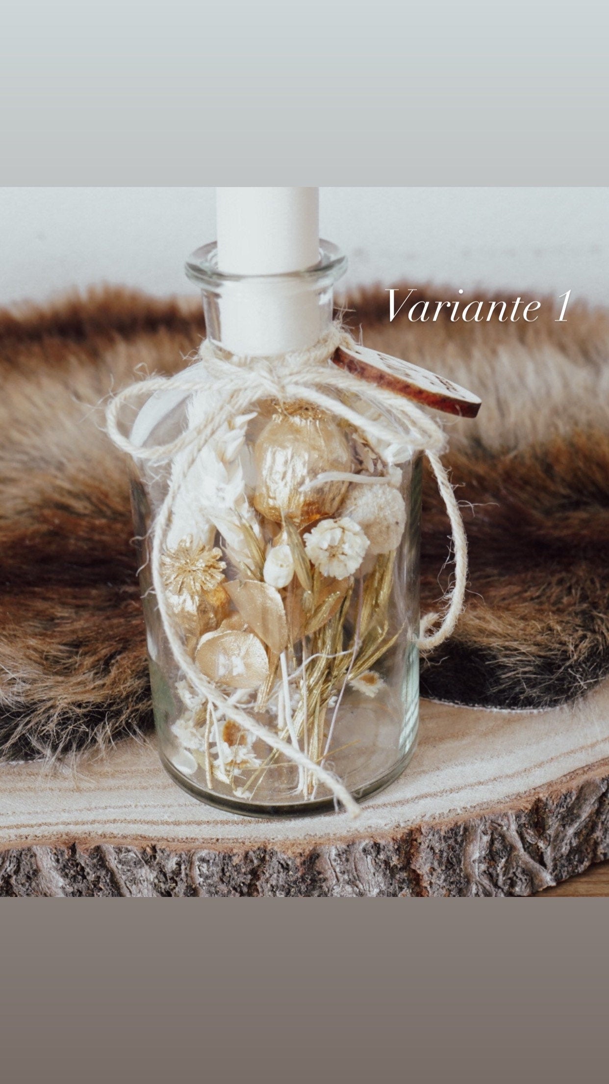Trockenblumen im Glas, Trockenblumenstrauß im Glas, auch als Kerzenständer mit Holz-Anhänger, Blumenglas
