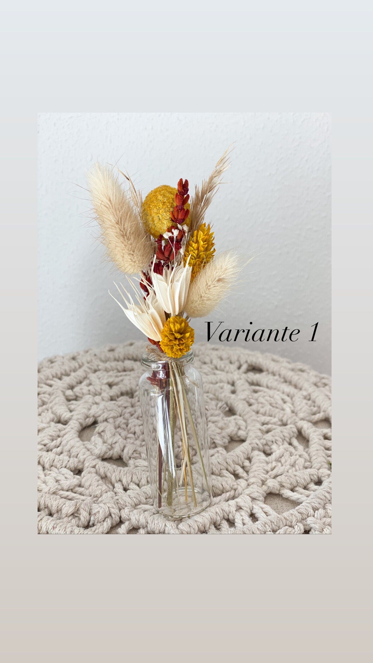 Mini Trockenblumenstrauß mit Vase oder als Torten-Topper, Deko für Geschenke, Tischdeko, Hochzeit, mit Nigella, Lagurus, Pampasgras