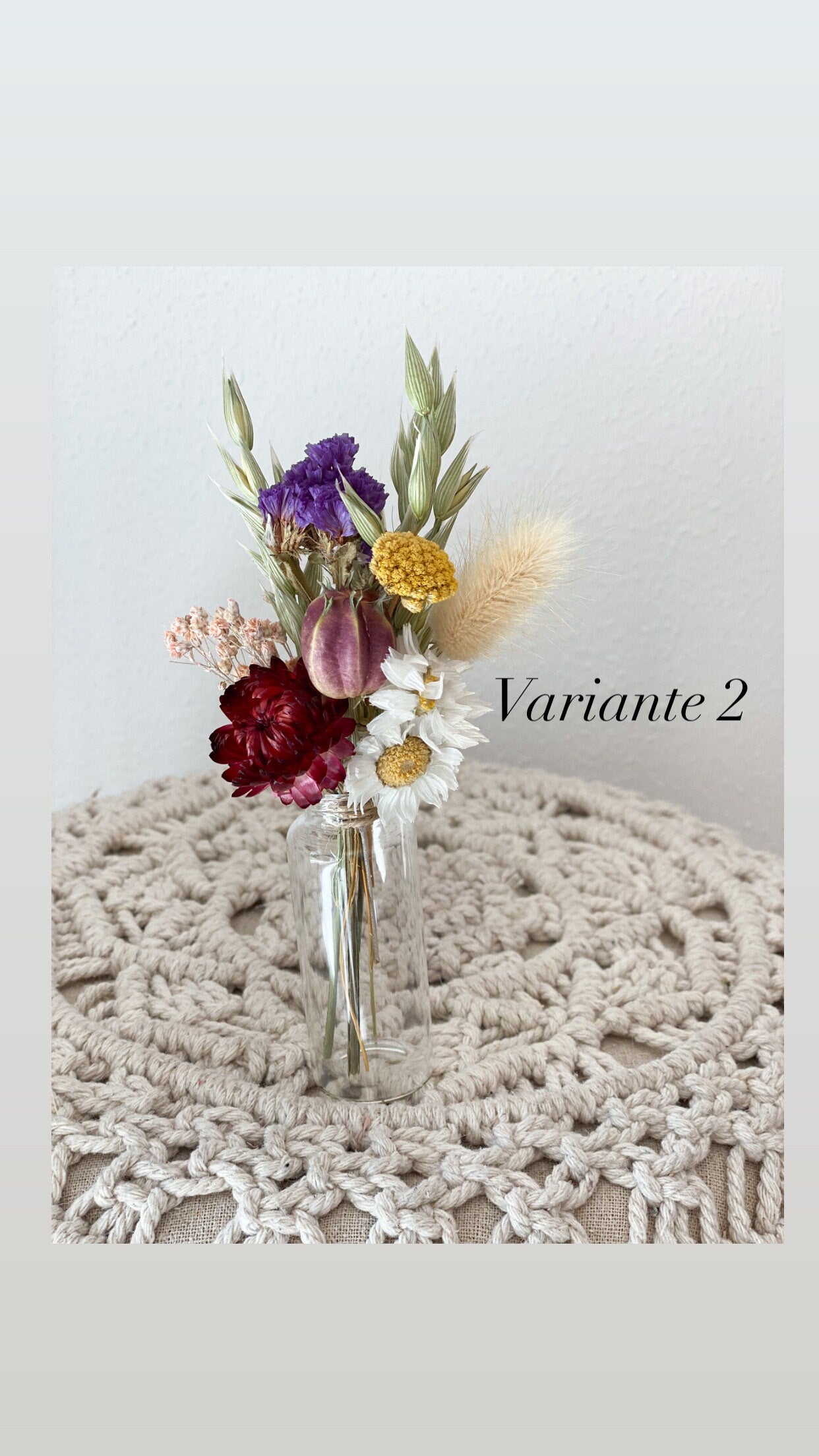 Mini Trockenblumenstrauß mit Vase oder als Torten-Topper, Deko für Geschenke, Tischdeko, Hochzeit, mit Nigella, Lagurus, Pampasgras