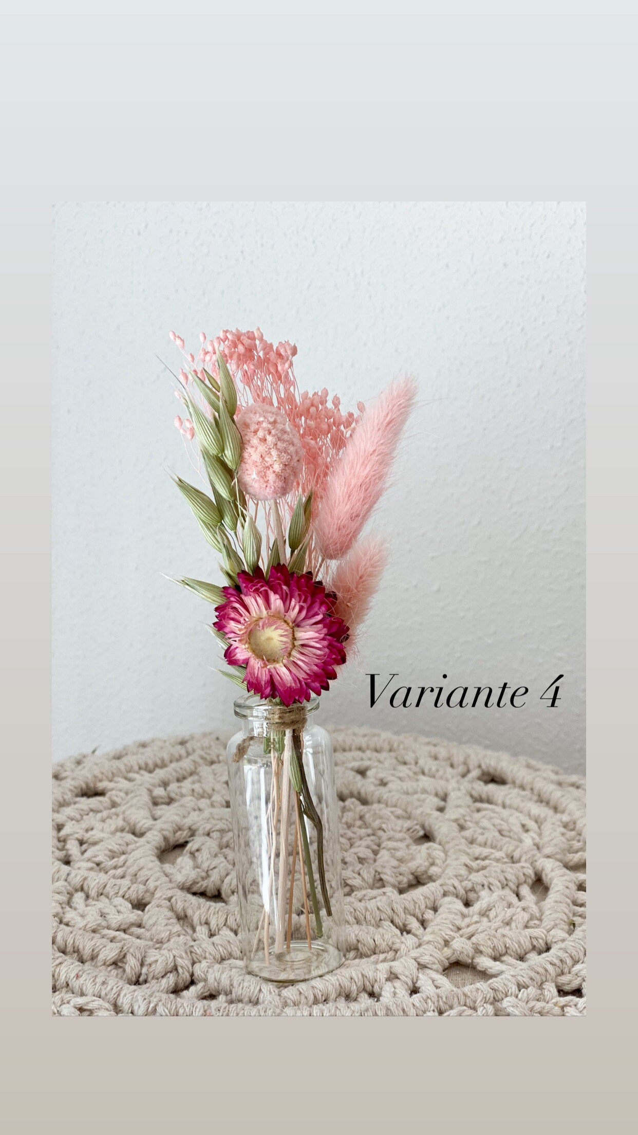 Mini Trockenblumenstrauß mit Vase oder als Torten-Topper, Deko für Geschenke, Tischdeko, Hochzeit, mit Nigella, Lagurus, Pampasgras