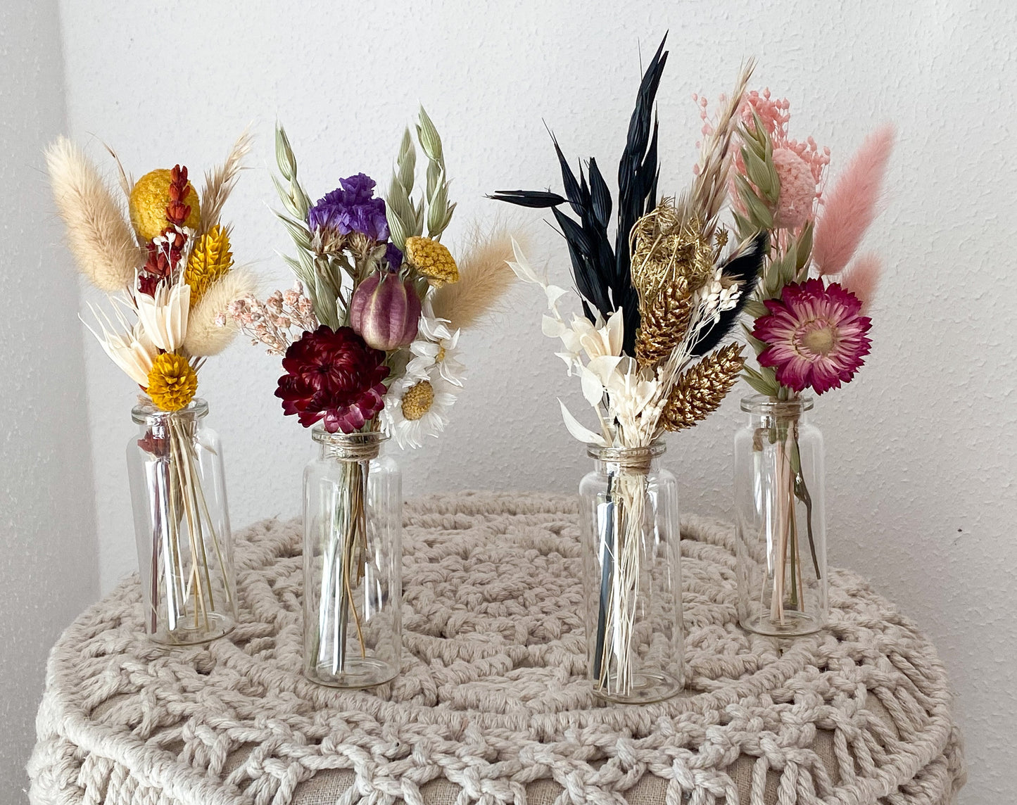 Mini Trockenblumenstrauß mit Vase oder als Torten-Topper, Deko für Geschenke, Tischdeko, Hochzeit, mit Nigella, Lagurus, Pampasgras