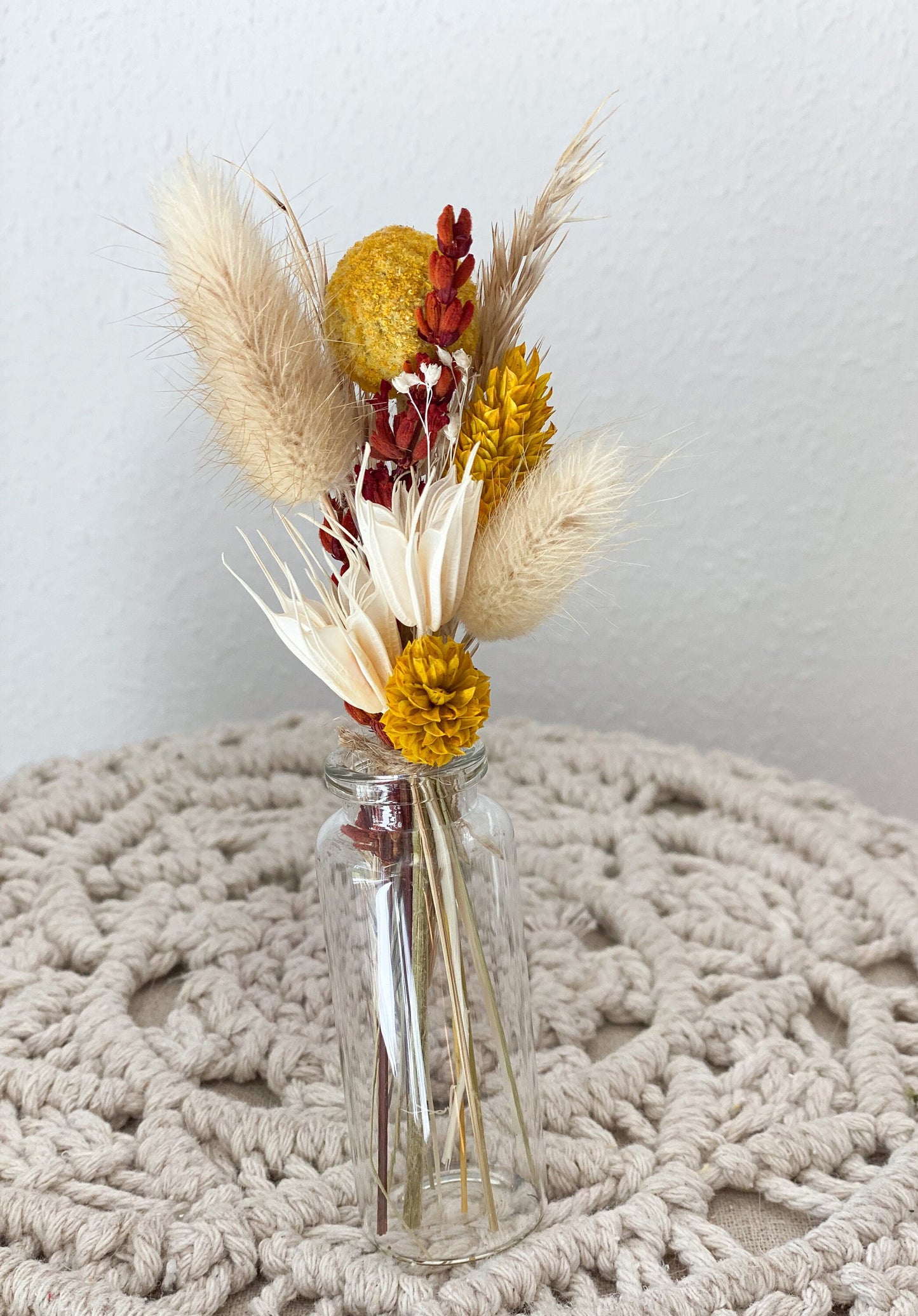 Mini Trockenblumenstrauß mit Vase oder als Torten-Topper, Deko für Geschenke, Tischdeko, Hochzeit, mit Nigella, Lagurus, Pampasgras