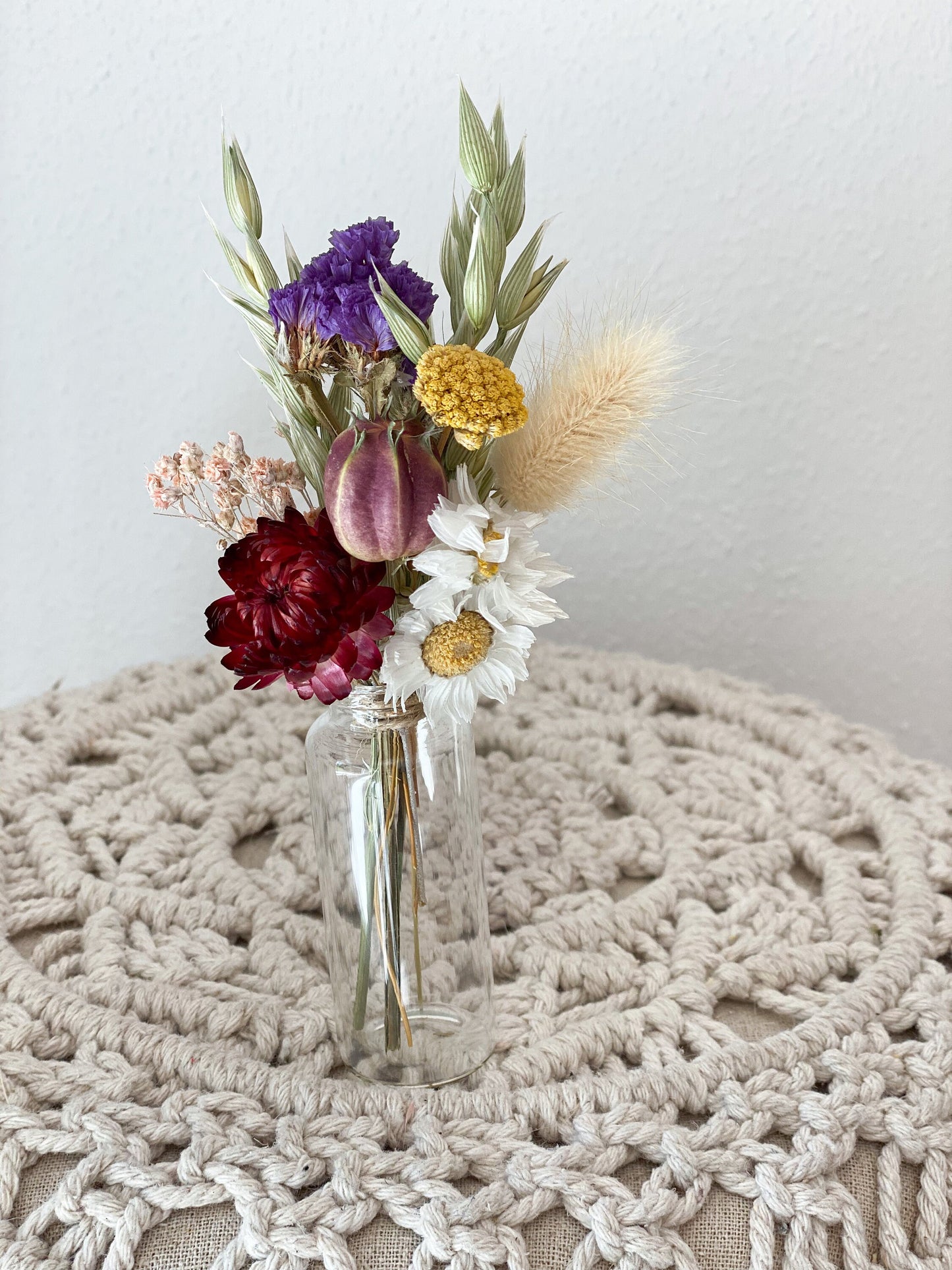 Mini Trockenblumenstrauß mit Vase oder als Torten-Topper, Deko für Geschenke, Tischdeko, Hochzeit, mit Nigella, Lagurus, Pampasgras