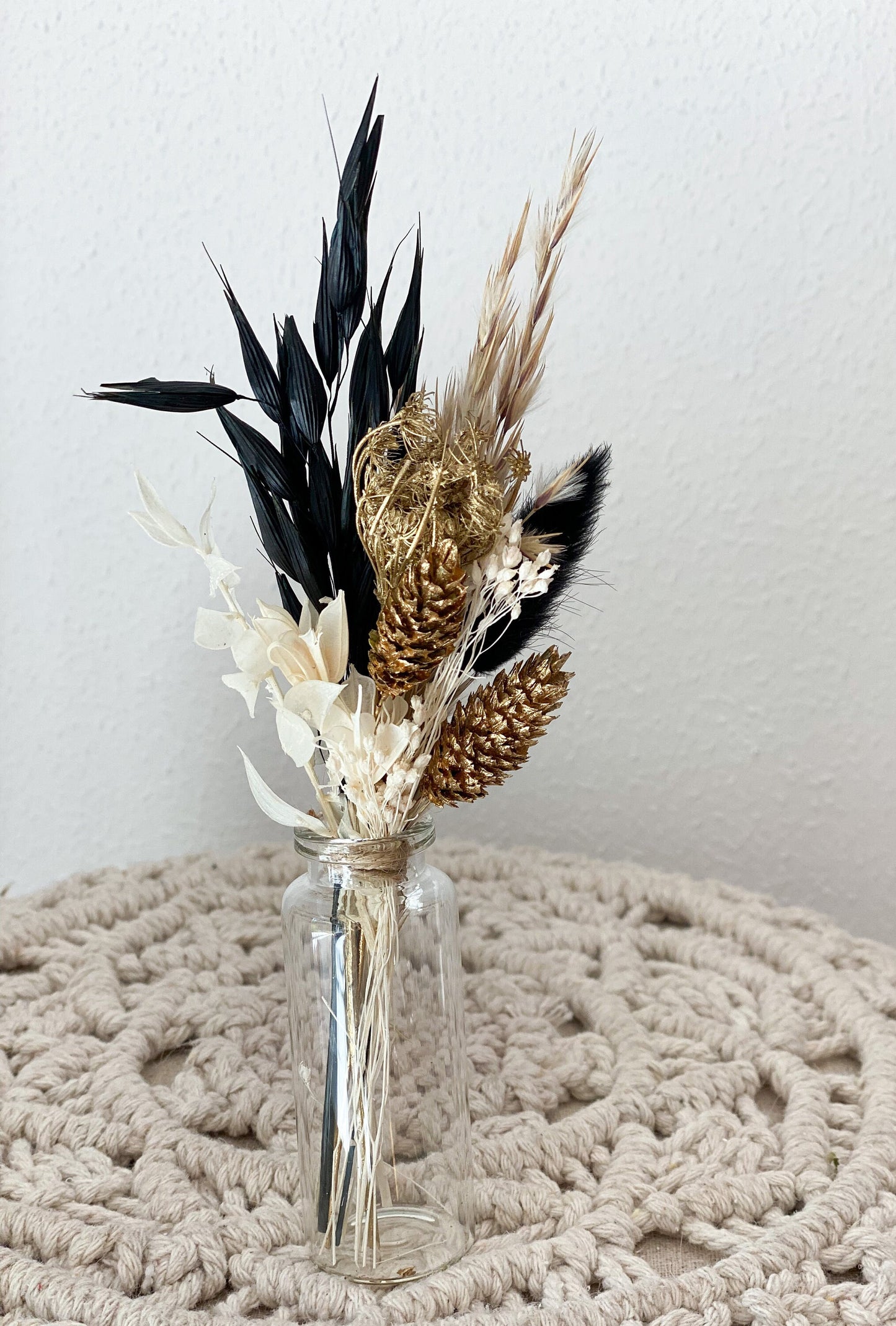 Mini Trockenblumenstrauß mit Vase oder als Torten-Topper, Deko für Geschenke, Tischdeko, Hochzeit, mit Nigella, Lagurus, Pampasgras