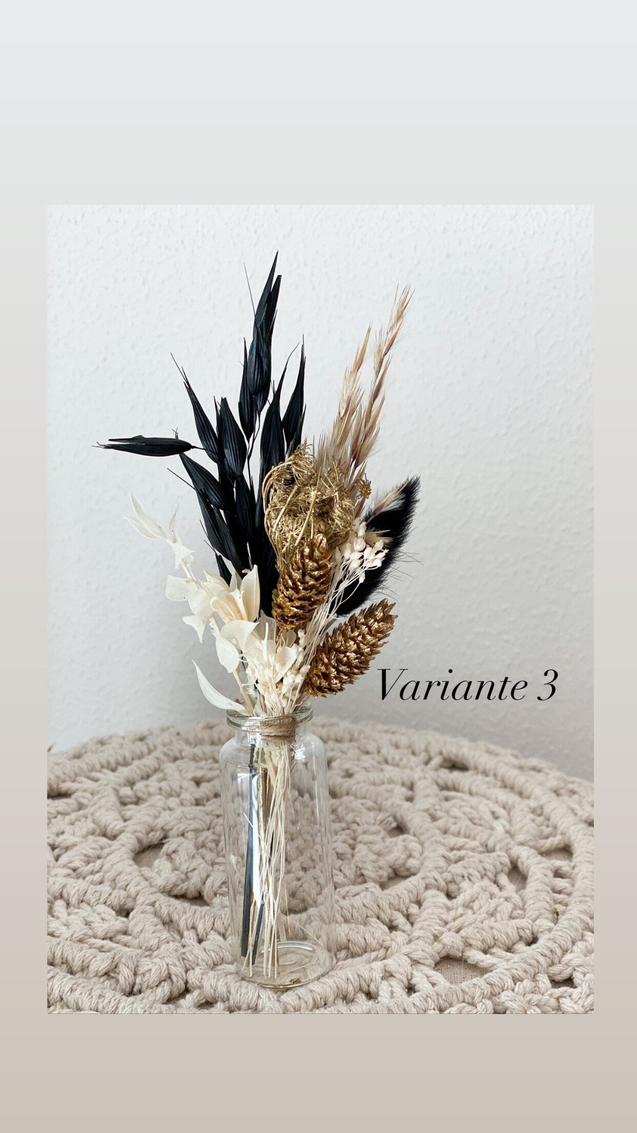 Mini Trockenblumenstrauß mit Vase oder als Torten-Topper, Deko für Geschenke, Tischdeko, Hochzeit, mit Nigella, Lagurus, Pampasgras