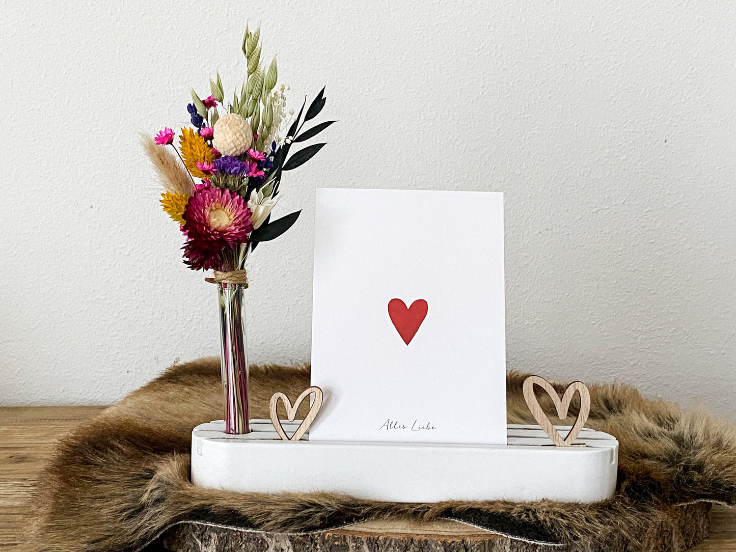 Flowerboard, Trockenblumenstrauß und Kartenhalter, Holzleiste „Happy Birthday“ mit Trockenblumen, Geburtstag, Geschenk
