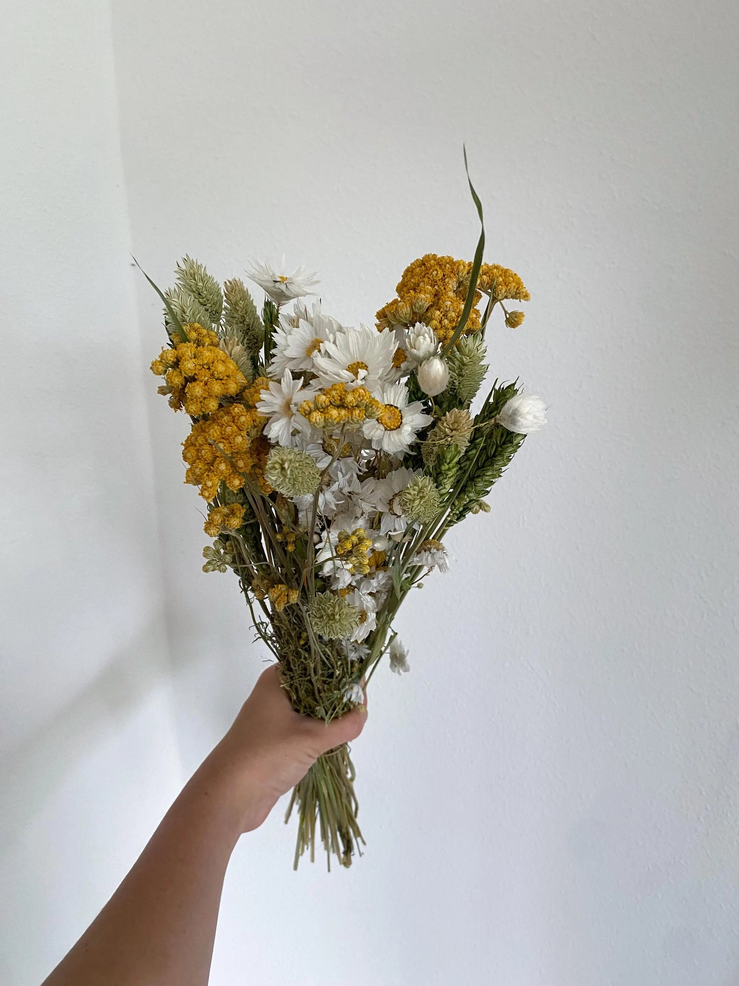 Großer Trockenblumenstrauß in Naturfarben und Gelb mit Hafer, Rhodante, Pahlaris, Weizen, großer Trockenblumen-Strauß