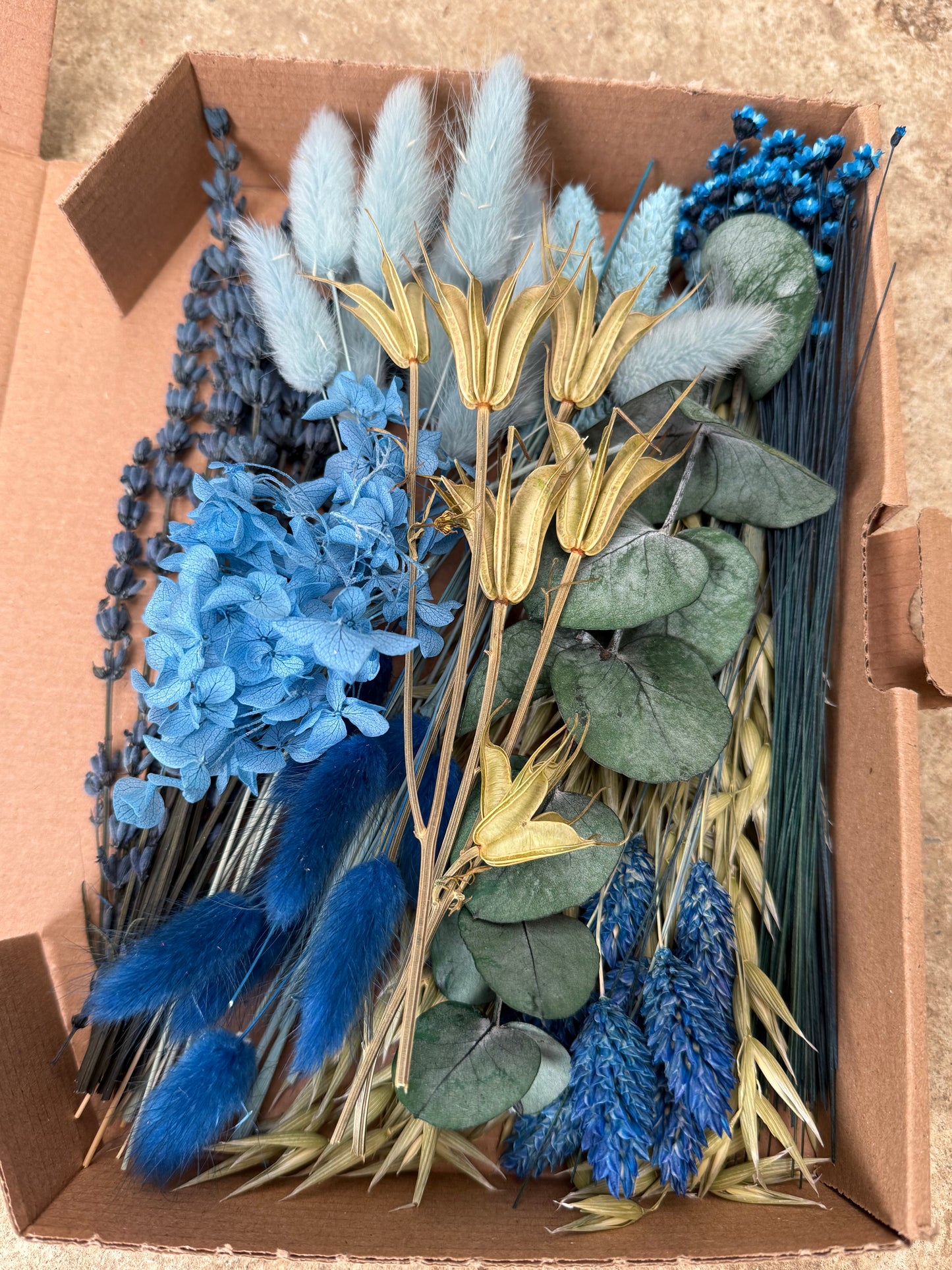 DIY Trockenblumen DIY-Set „Blue & Green“ in Naturfarben, DIY-Trockenblumenstrauß, diy-Trockenblumenkranz mit Lagurus, Lavendel, Phalaris