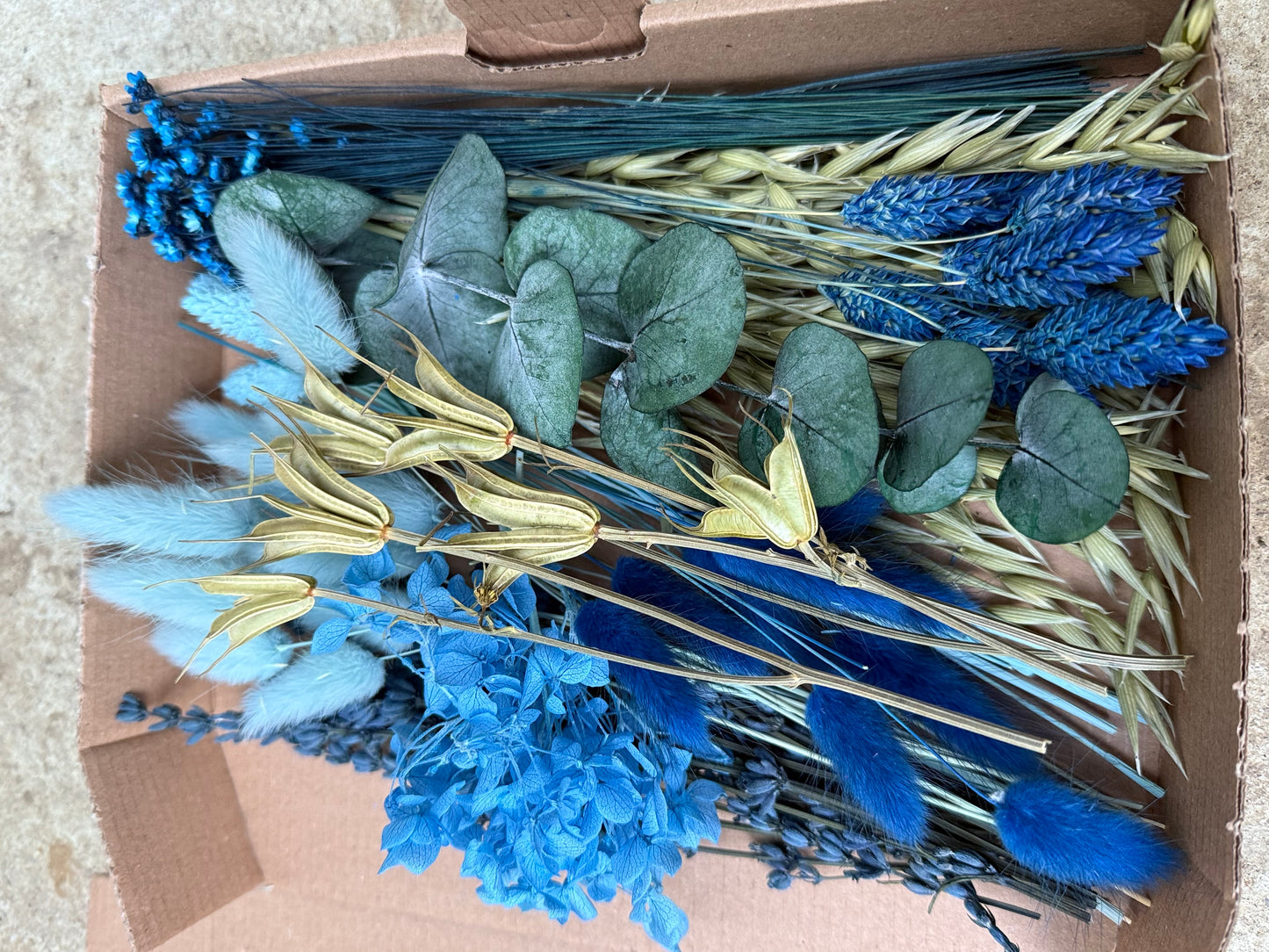 DIY Trockenblumen DIY-Set „Blue & Green“ in Naturfarben, DIY-Trockenblumenstrauß, diy-Trockenblumenkranz mit Lagurus, Lavendel, Phalaris