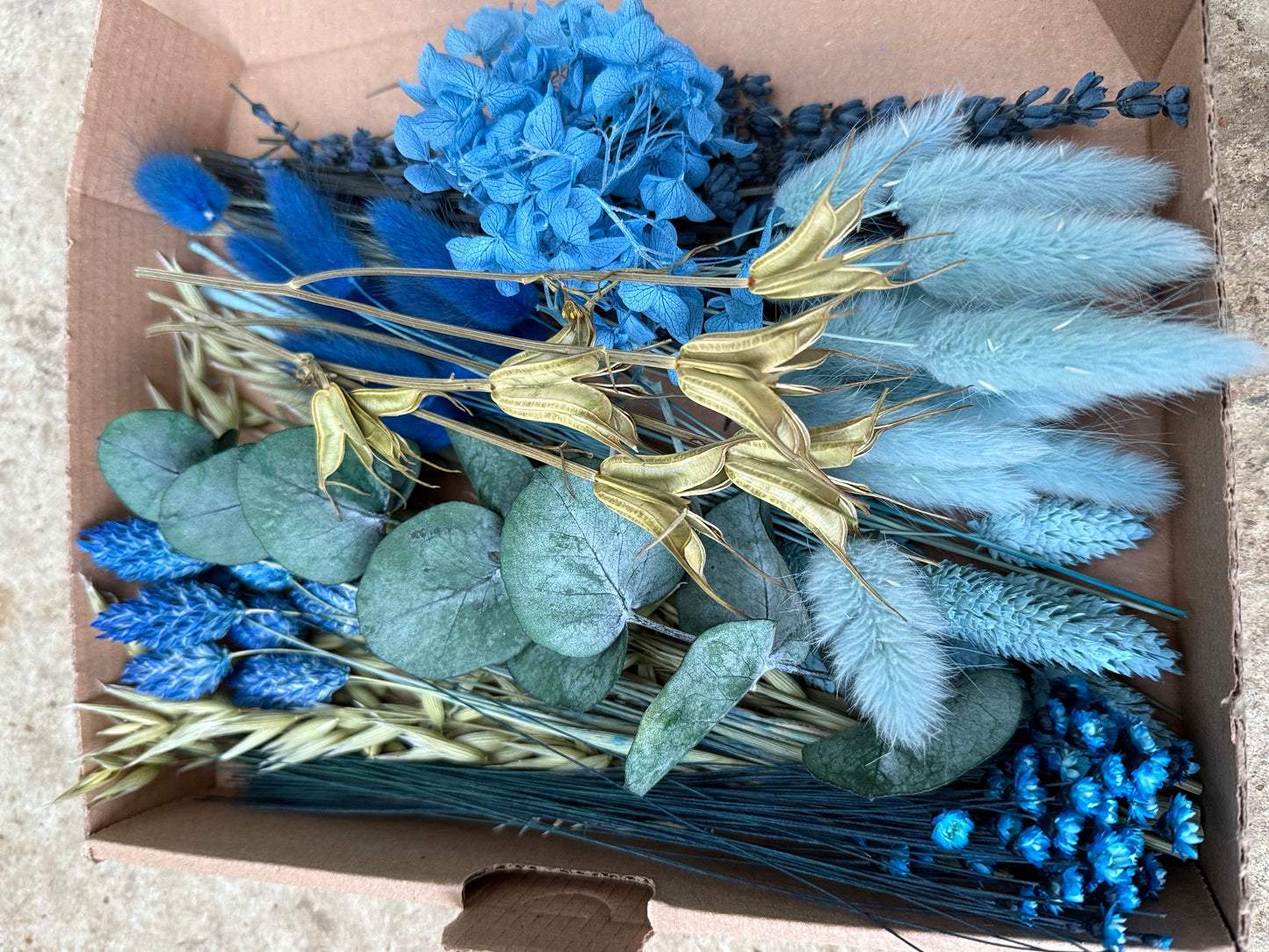 DIY Trockenblumen DIY-Set „Blue & Green“ in Naturfarben, DIY-Trockenblumenstrauß, diy-Trockenblumenkranz mit Lagurus, Lavendel, Phalaris