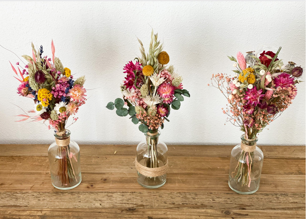 Trockenblumenstrauß "bunte Sommerwiese"  in bunten Farben mit Pampasgras, Craspedia, Hafer, Lavendel, Craspedia, Phalaris, Strohblumen