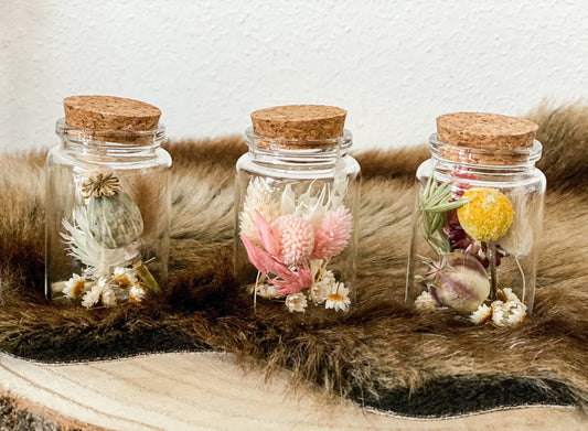 Trockenblumen - Sträußchen im Glas dry flowers in verschiedenen Farben, Trockenblumenstrauß