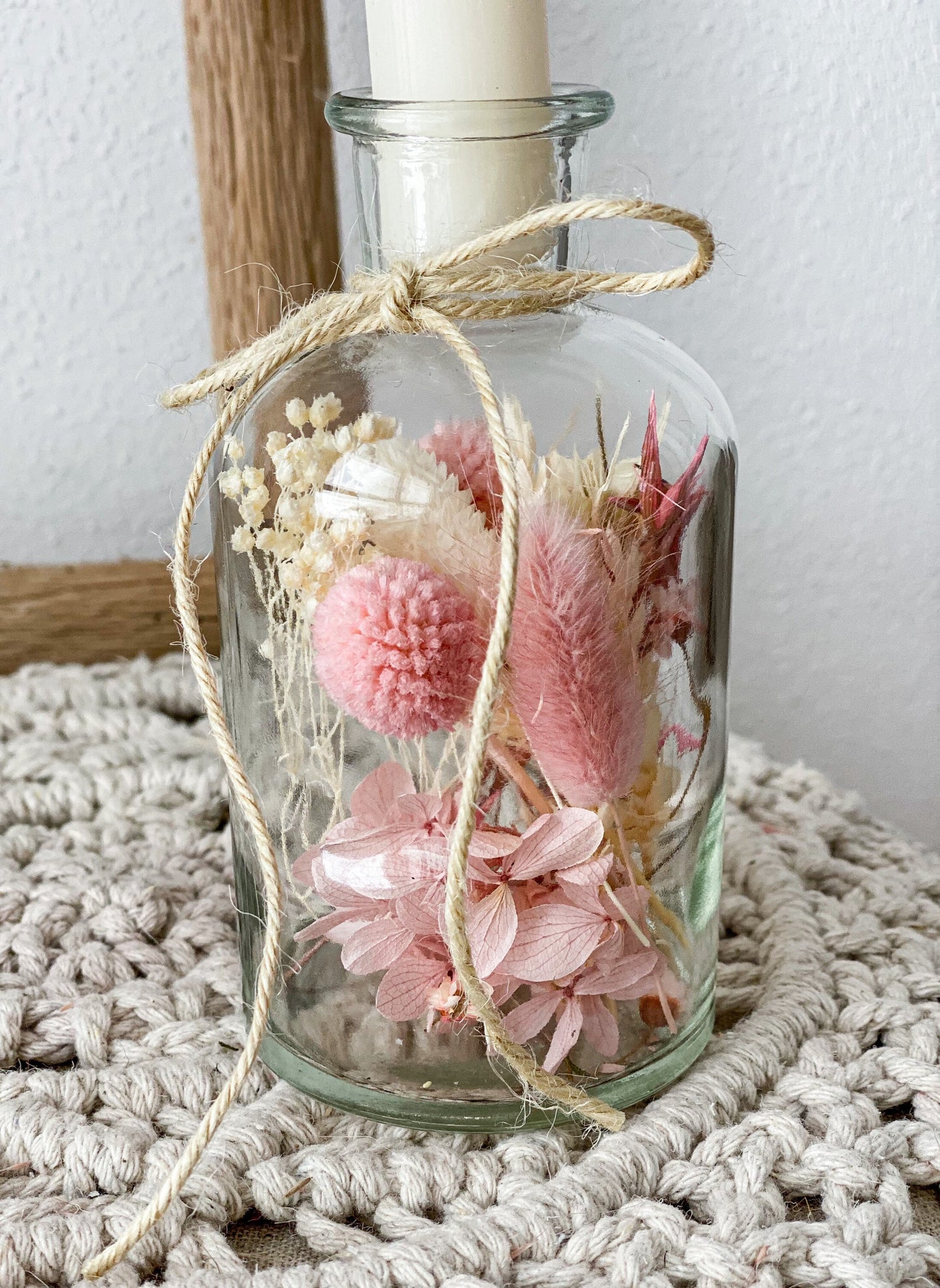 Trockenblumen im Glas, Trockenblumenstrauß im Glas, auch als Kerzenständer, Blumenglas