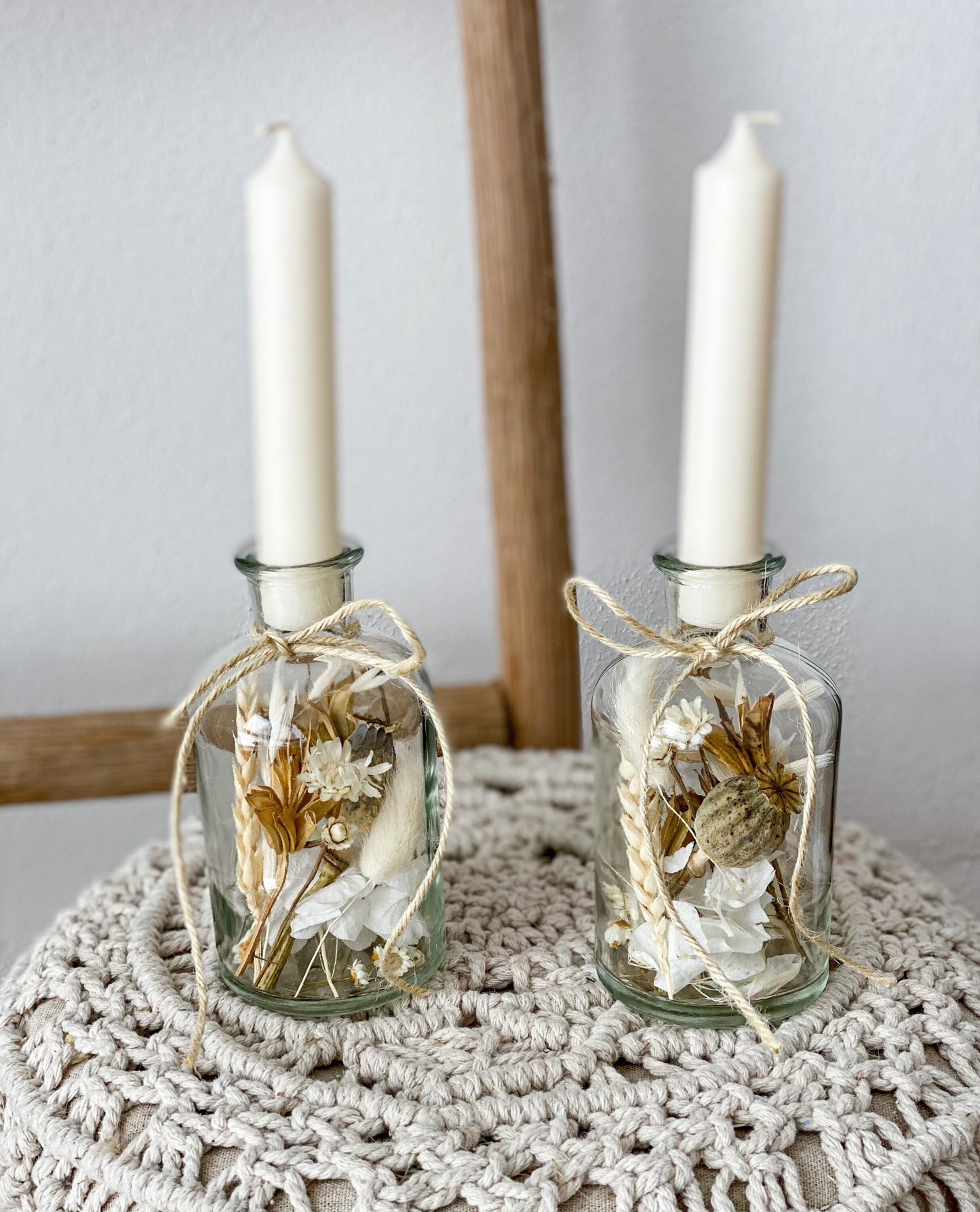 Trockenblumen im Glas, Trockenblumenstrauß im Glas, auch als Kerzenständer, Blumenglas