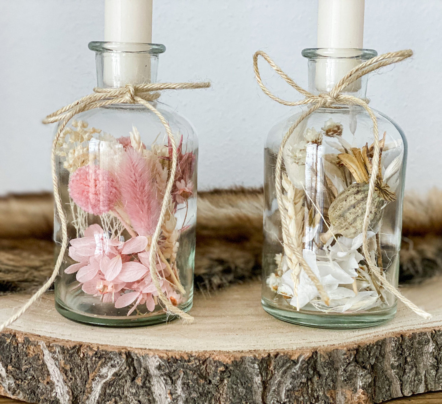 Trockenblumen im Glas, Trockenblumenstrauß im Glas, auch als Kerzenständer, Blumenglas