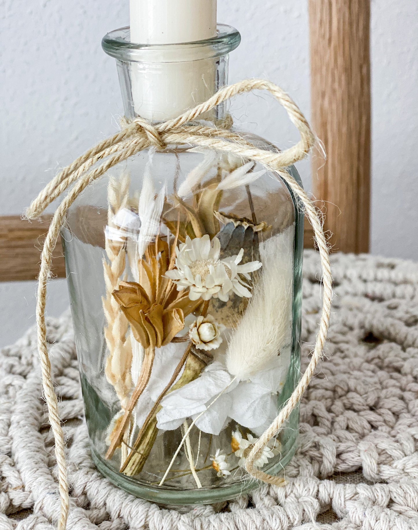 Trockenblumen im Glas, Trockenblumenstrauß im Glas, auch als Kerzenständer, Blumenglas