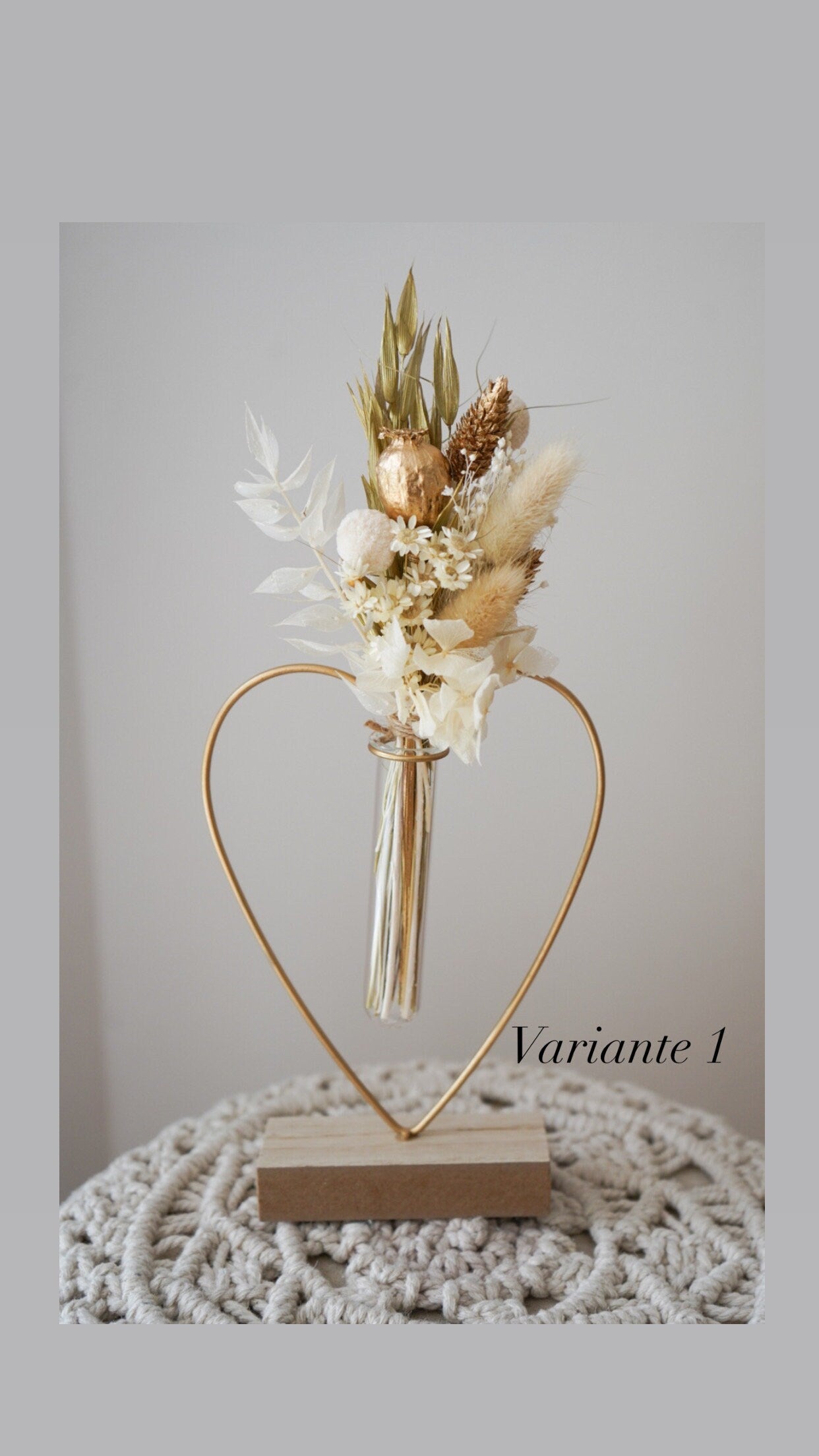 Trockenblumenstrauß mit Holz-Vase in verschiedenen Farben mit Hafer, Craspedia, Lagurus, Glixia, Phalaris