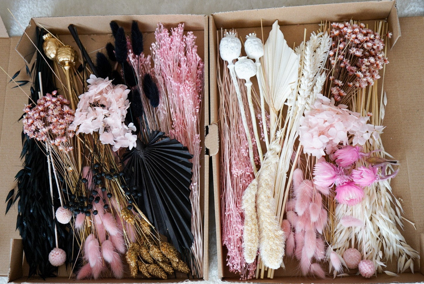 DIY Trockenblumen DIY-Set „Rosa-Träumchen“, DIY-Trockenblumenstrauß, Trockenblumenkranz in Rosa, Weiß, Schwarz, Gold