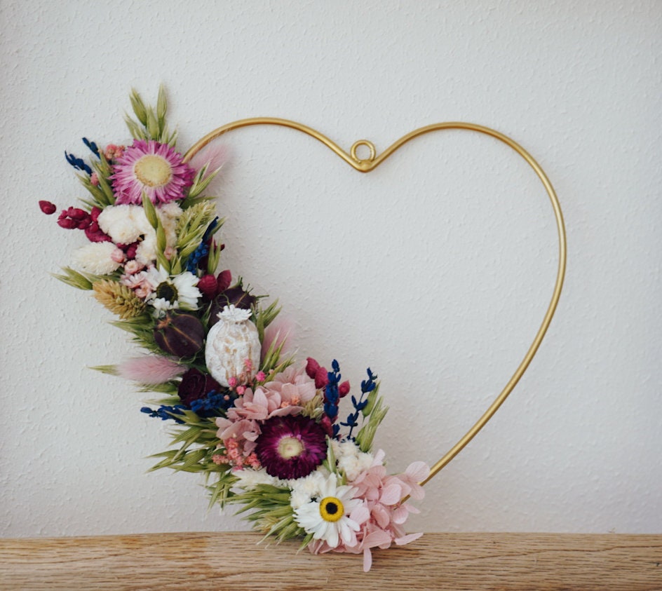 DIY Trockenblumen DIY-Set „romantische Blumenwiese“, DIY-Trockenblumenstrauß, Trockenblumenkranz in Rosa, Weiß, Bordeaux, Grün