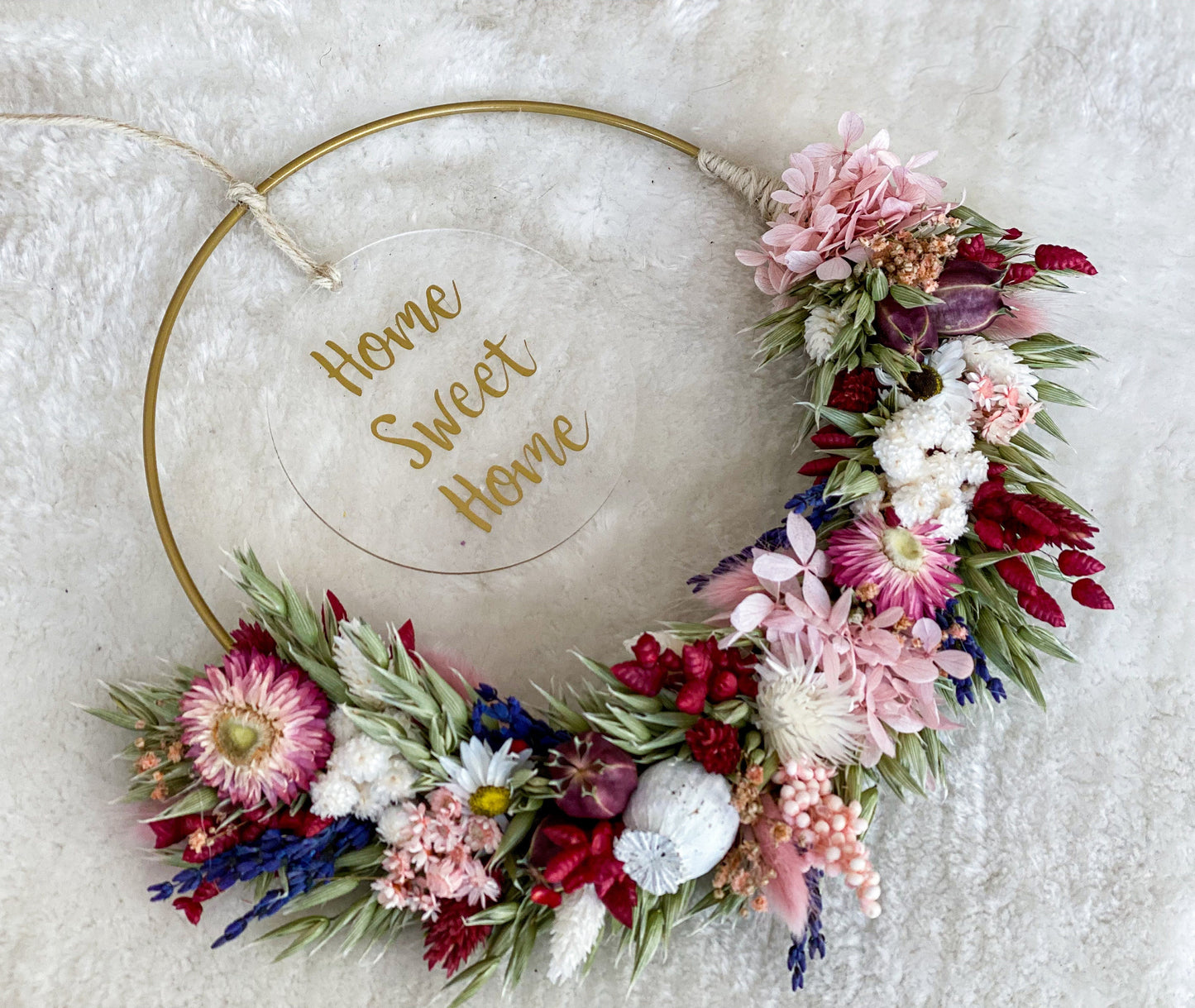 DIY Trockenblumen DIY-Set „romantische Blumenwiese“, DIY-Trockenblumenstrauß, Trockenblumenkranz in Rosa, Weiß, Bordeaux, Grün