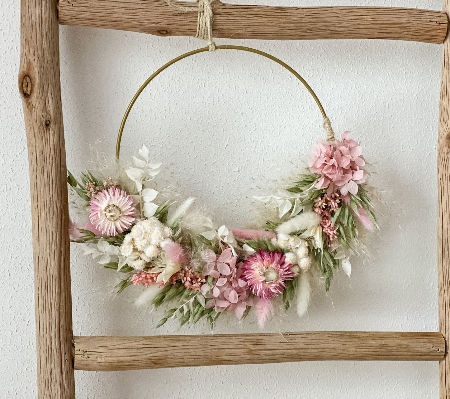 DIY Trockenblumen DIY-Set „rosa Blumenwiese“, DIY-Trockenblumenstrauß, Trockenblumenkranz in Rosa, Weiß, Grün