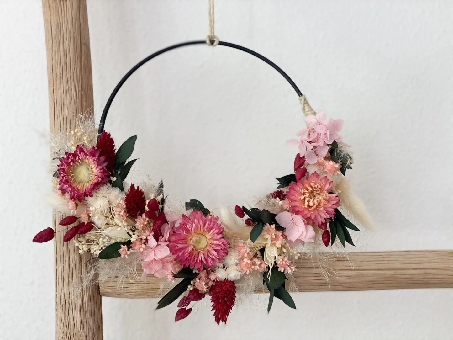 DIY Trockenblumen DIY-Set „Romantic Berry“, DIY-Trockenblumenstrauß, Trockenblumenkranz in Rosa, Weiß, Bordeaux, Rot, Grün