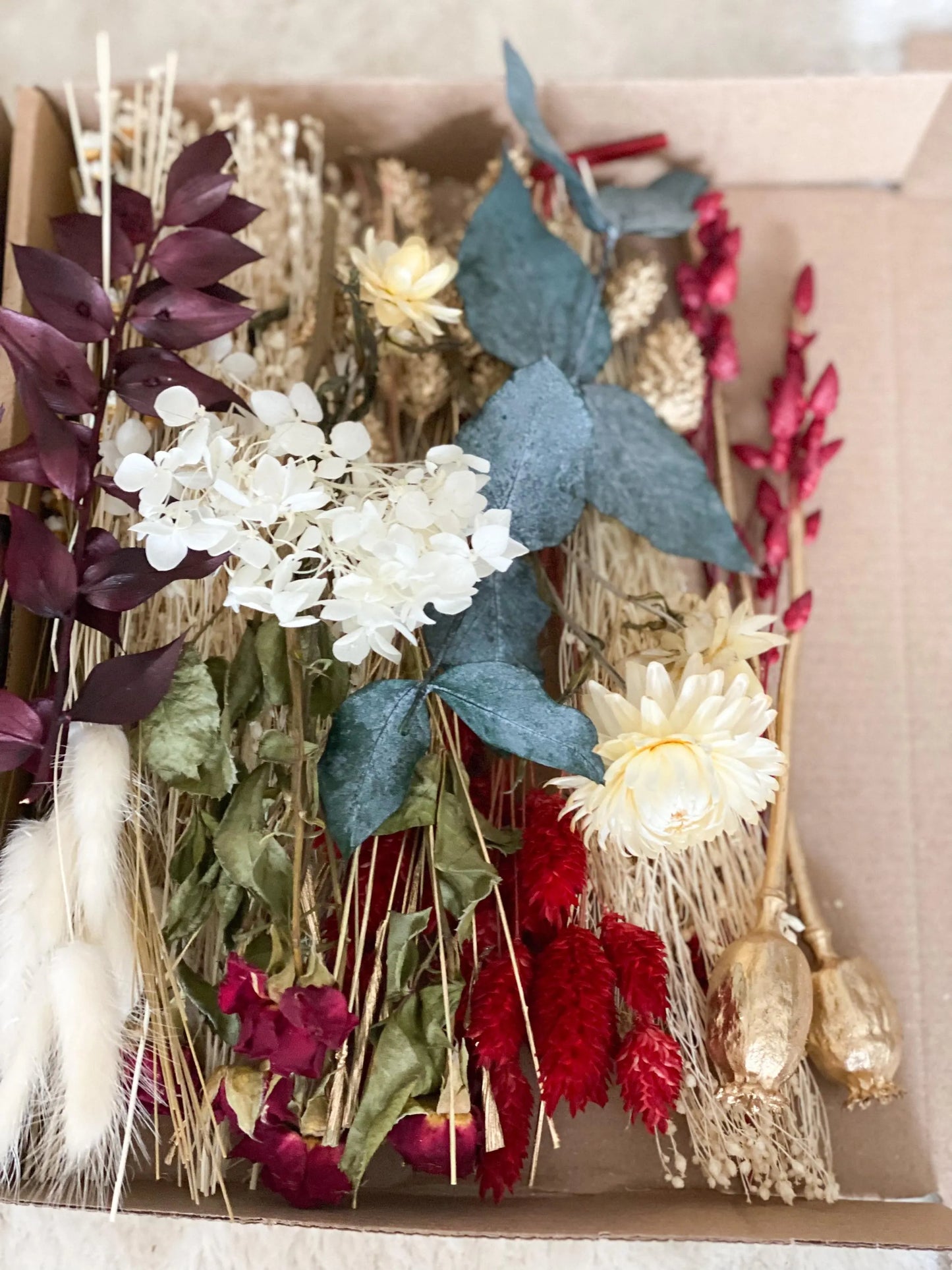 DIY Trockenblumen DIY-Set „Winter“ DIY-Set Weihnachten Rot, Gold, Lagurus, Phalaris, Trockenblumenstrauß